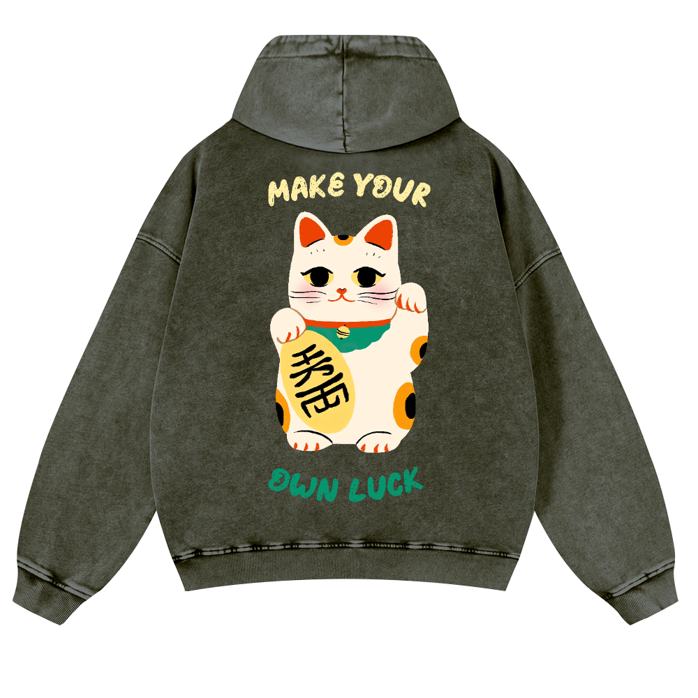 Lucky Cat Vintage Washed Cotton Back Art Hoodie