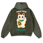Lucky Cat Vintage Washed Cotton Back Art Hoodie