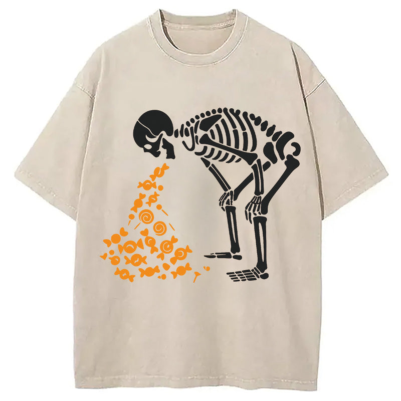 Candies Funny Halloween Skeleton Washed T-Shirt