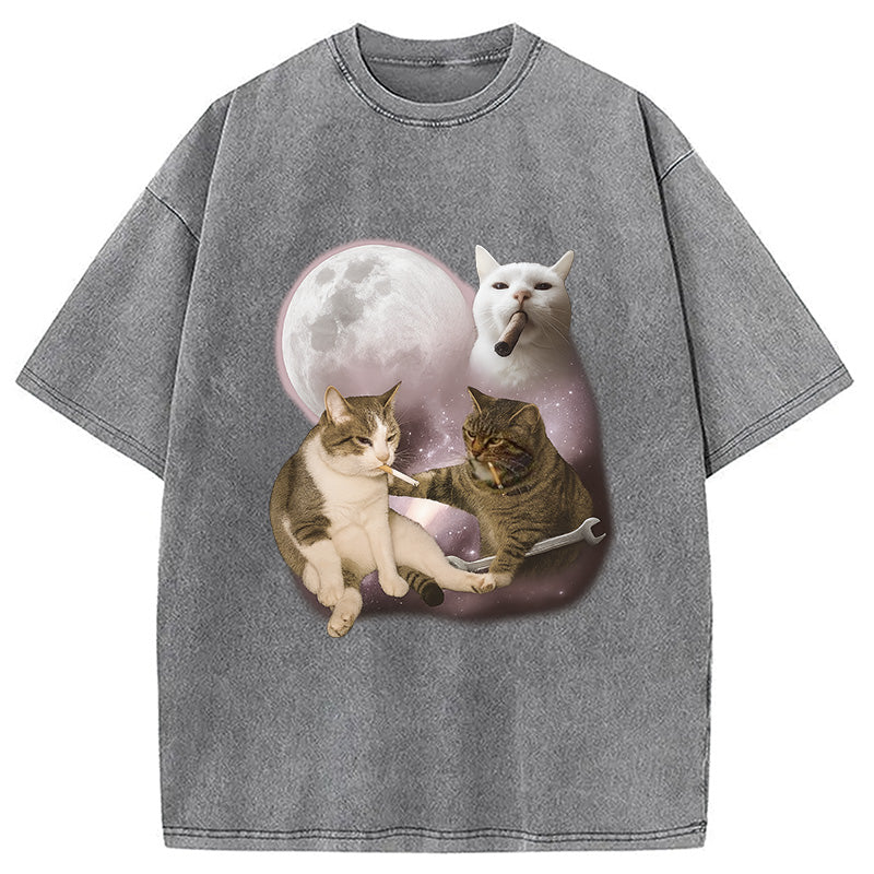 Three Cat Smoking Retro Washed T-Shirt