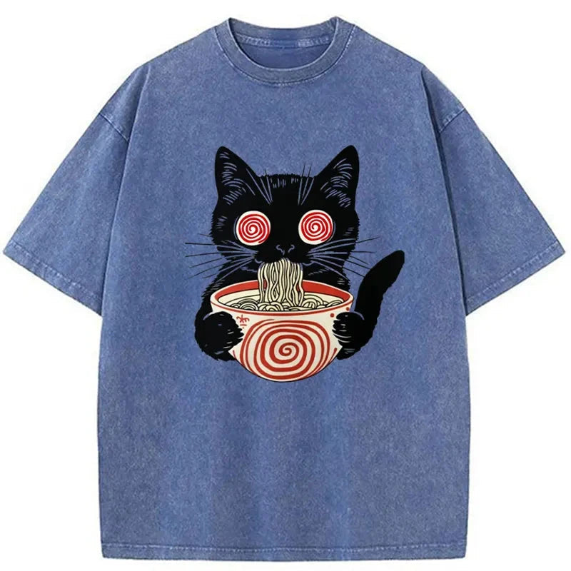 Confused Cat Eating Ramen Washed Vintage T-Shirt