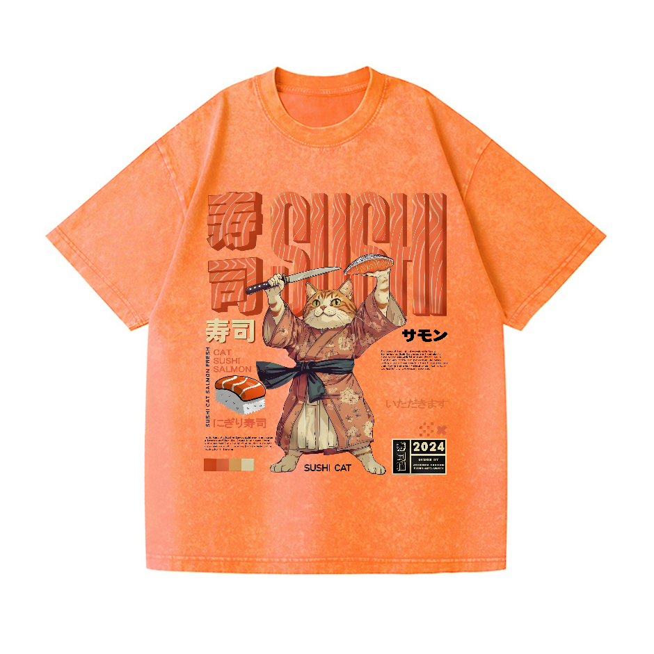 Sushi Cat Salmon Vintage Wash Japanese Design T-Shirt
