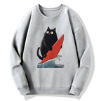 Black Cat Surfer Cotton Pullover Sweatshirt