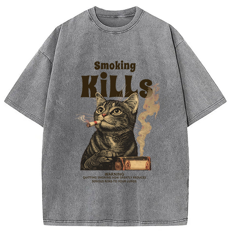 Smoking Mills Cat Meme Washed T-Shirt