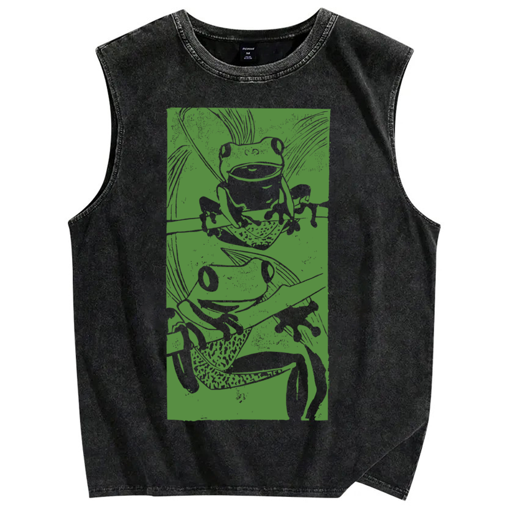 Unisex Vintage Frog Printed Washed Tank Top