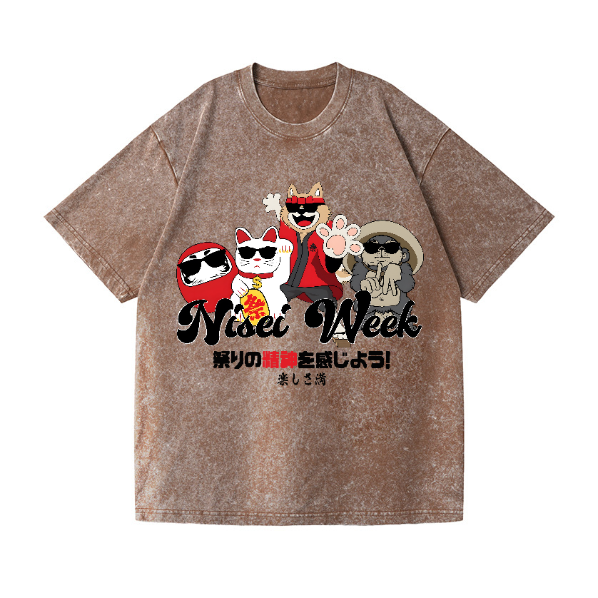 Cat Daruma Vintage Wash Japanese Design T-Shirt