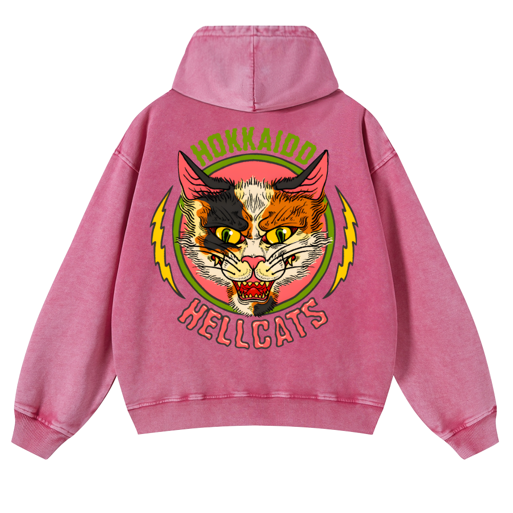 Hokkaido Hellcats Cat Vintage Washed Cotton Back Art Hoodie