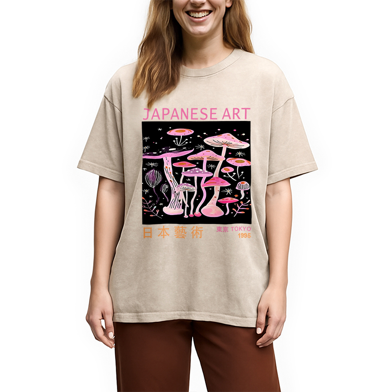 Japanese Art Pink Hallucinogenic Mushrooms Washed T-Shirt
