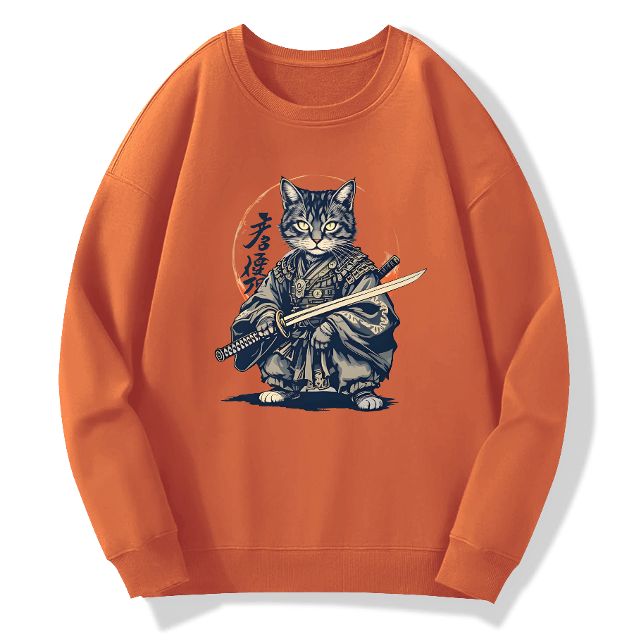 Samurai Cat Retro Ukiyo-e Painting Cotton Pullover Sweatshirt