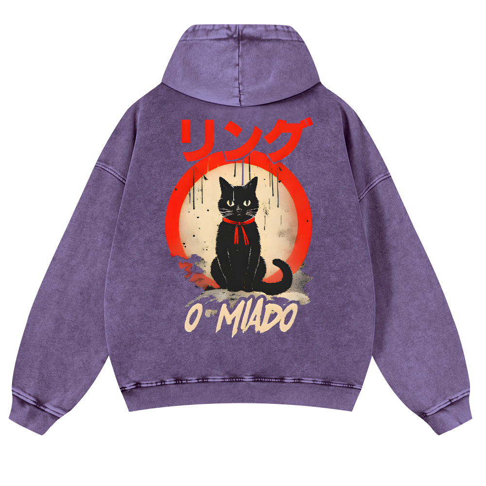 Black Cat Vintage Washed Cotton Back Art Hoodie