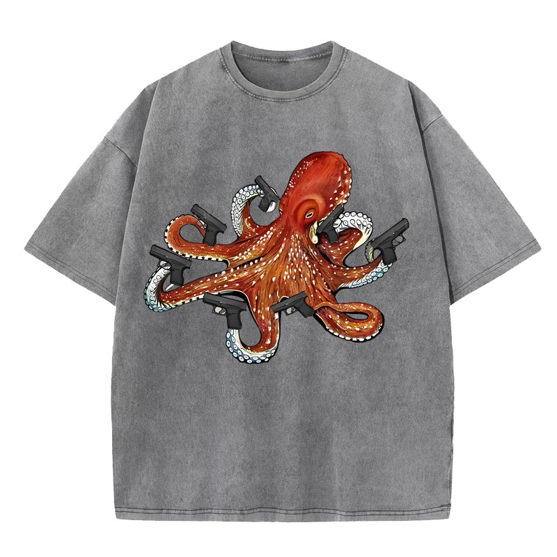 Funny Octopus With Guns Washed T-Shirt