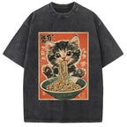 Kawaii Ramen Cat Vintage Japanese Washed T-Shirt
