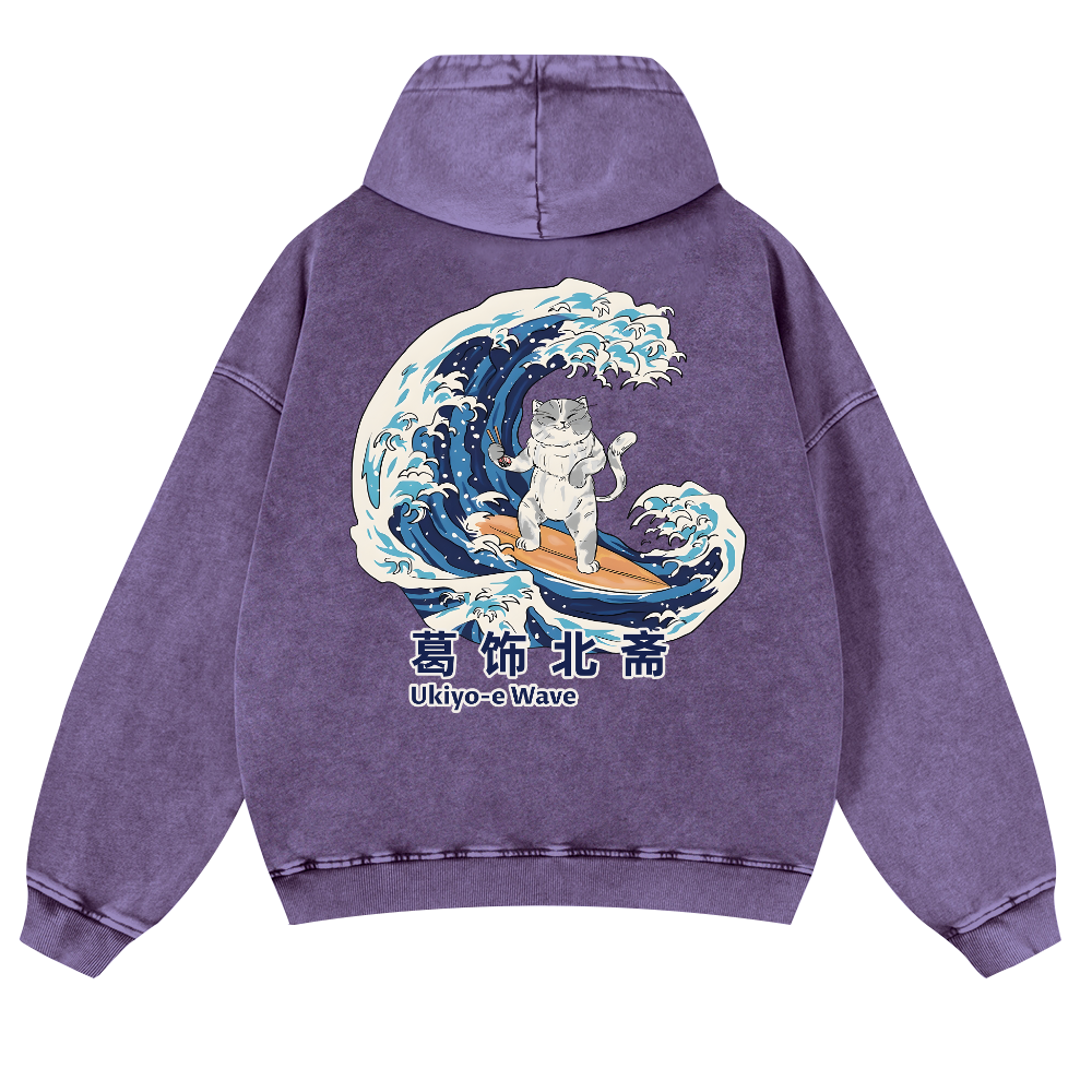 Ukiyoe Wave Cat Vintage Washed Cotton Back Art Hoodie