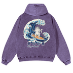 Ukiyoe Wave Cat Vintage Washed Cotton Back Art Hoodie