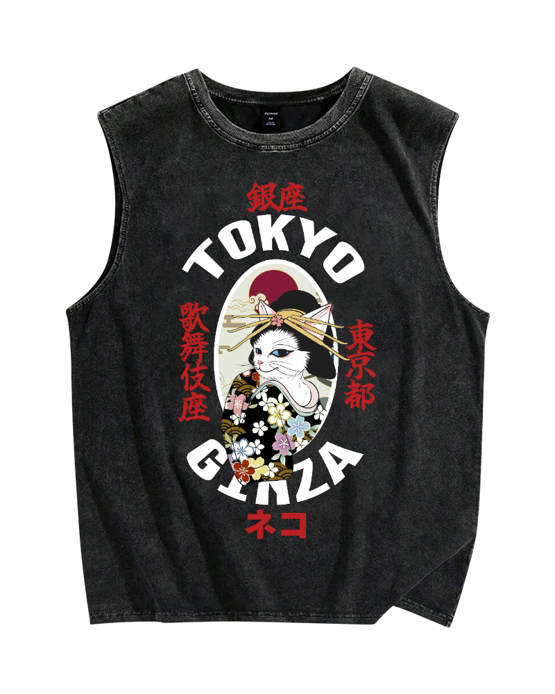 Tokyo Kabuki Cat Vintage Distressed Washed Tank Top