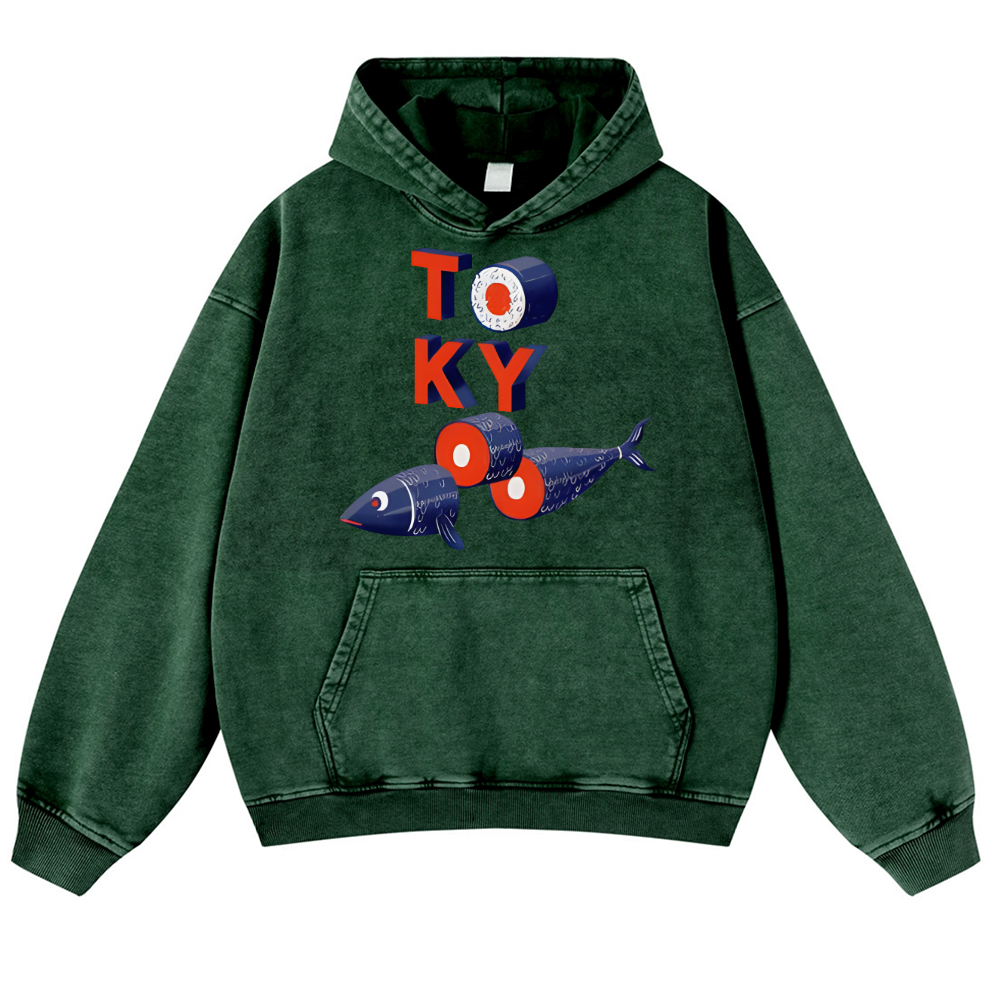 Tokyo Sushi Fish Vintage Washed Thick Cotton Hoodie
