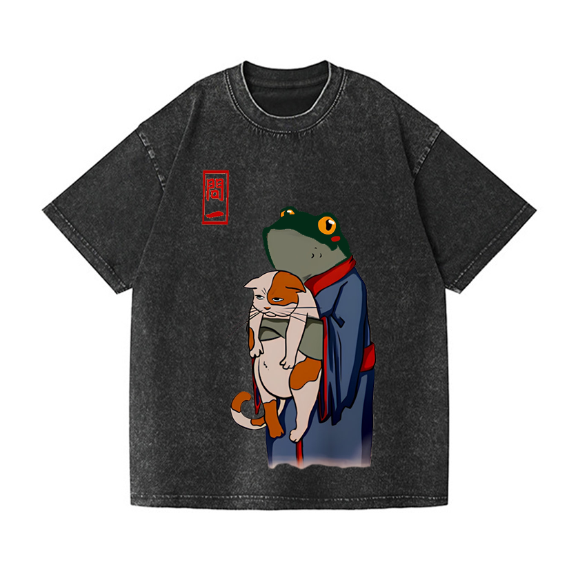 Frog and Cat Vintage Wash Japanese Design T-Shirt