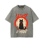 Black Cat Vintage Wash Japanese Design T-Shirt