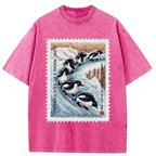 Unisex Gliding Penguin Stamp Washed T-Shirt