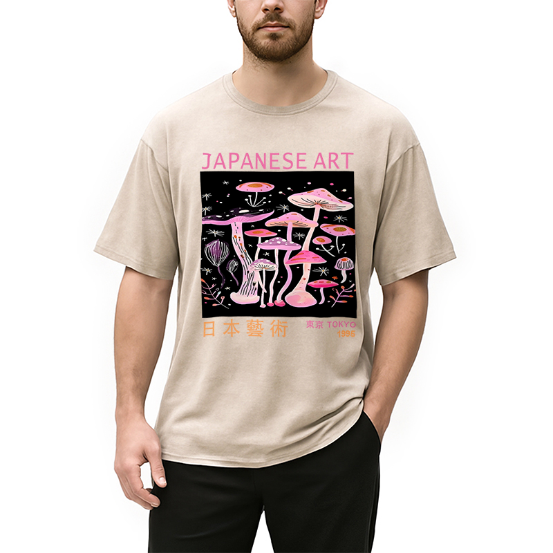 Japanese Art Pink Hallucinogenic Mushrooms Washed T-Shirt