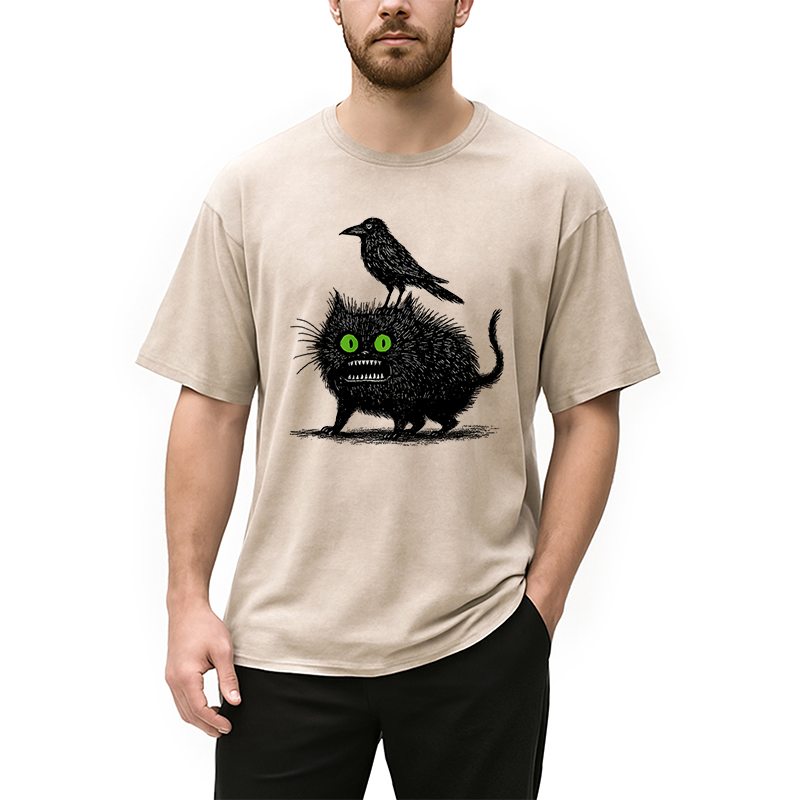 Crow And Black Cat Washed T-Shirt