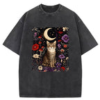 Cat And Moonlit Night Washed T-Shirt