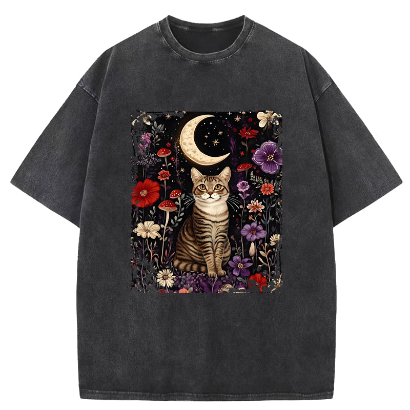 Cat And Moonlit Night Washed T-Shirt