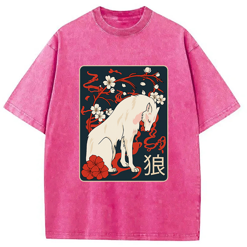 Ancient Japanese Wolf Art Washed T-Shirt