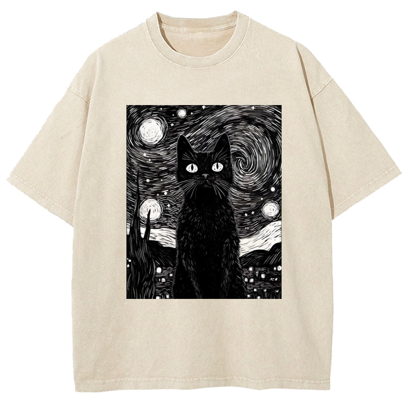 The Starry Night And Cat Washed T-Shirt