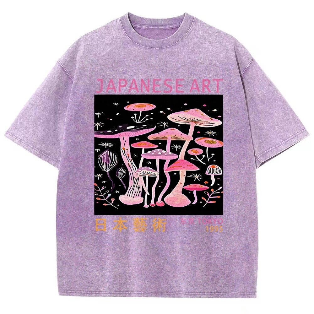 Japanese Art Pink Hallucinogenic Mushrooms Washed T-Shirt