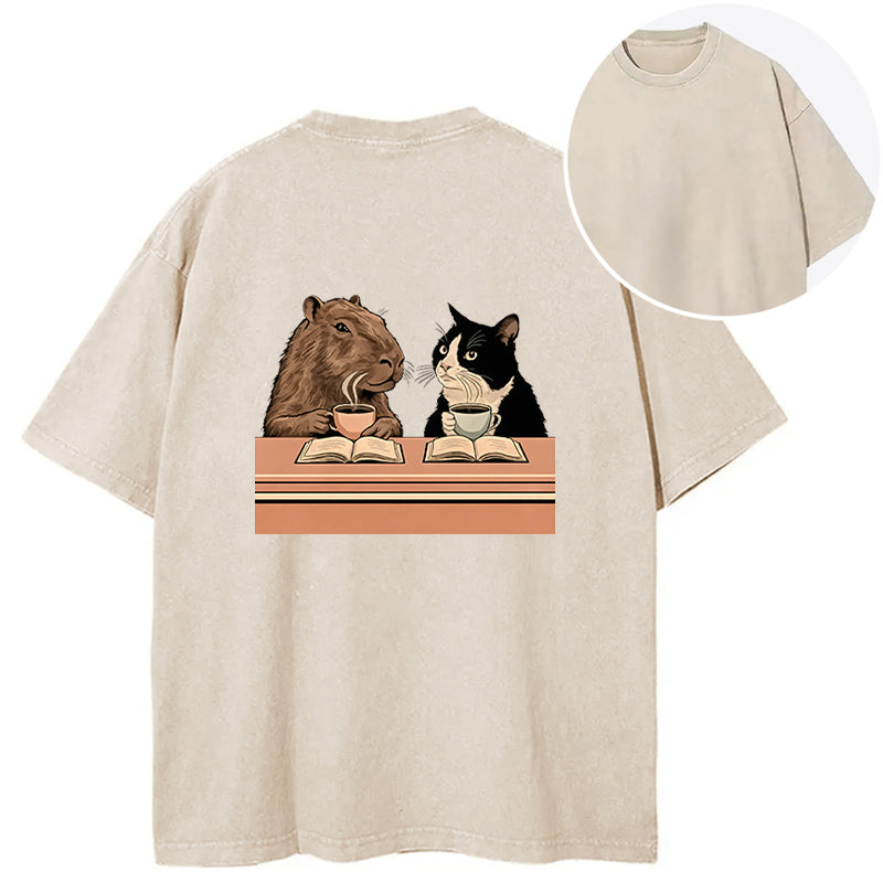Capybara And Cat Talk Back Washed T-Shirt