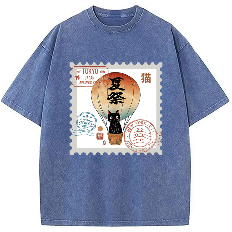 Japanese Cat Stamp Washed T-Shirt