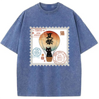 Japanese Cat Stamp Washed T-Shirt