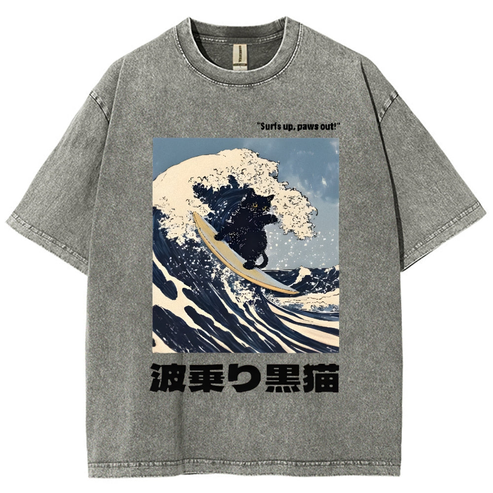 Black Cat Great Wave Vintage Wash Japanese Design T-Shirt