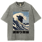 Black Cat Great Wave Vintage Wash Japanese Design T-Shirt