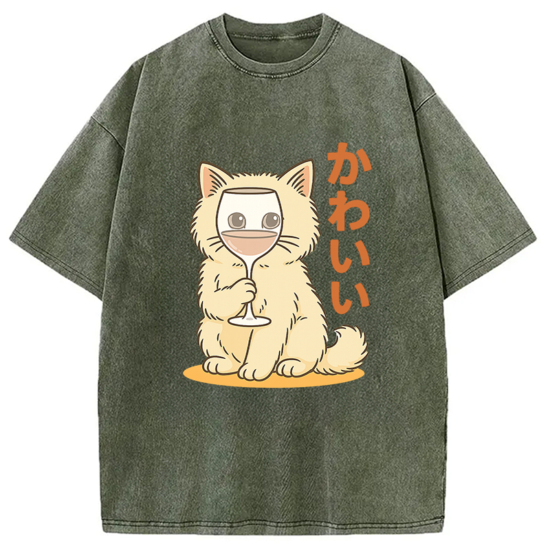 Kawaii Cat with Wine Glass Face Washed T-Shirt