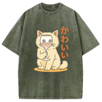 Kawaii Cat with Wine Glass Face Washed T-Shirt