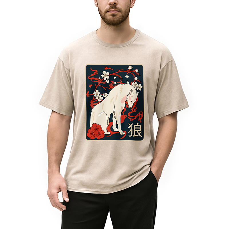 Ancient Japanese Wolf Art Washed T-Shirt