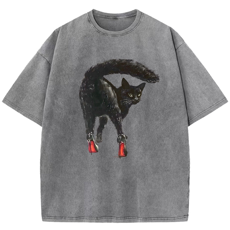 Black Cat & Red Role Washed T-Shirt