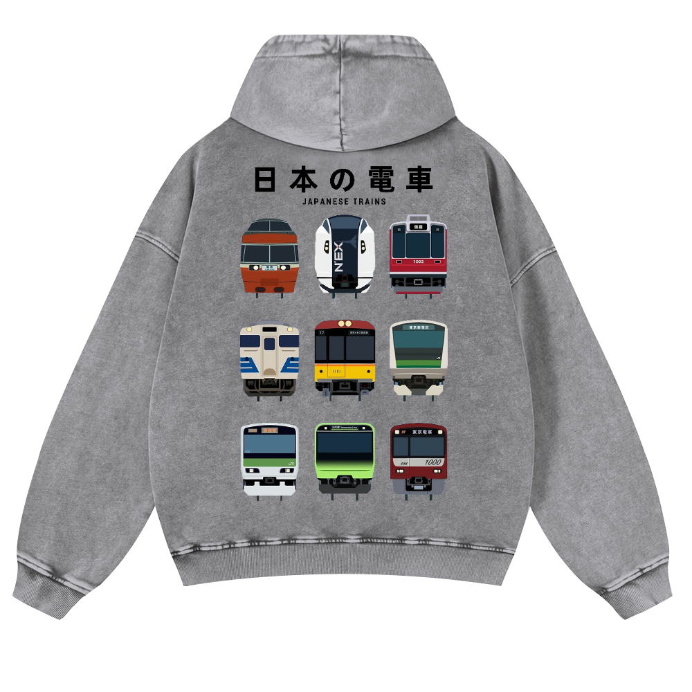 Japanese Trains Vintage Washed Cotton Back Art Hoodie