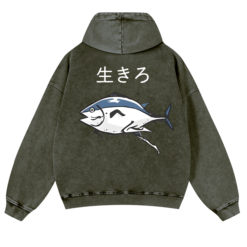 The Living Fish Vintage Washed Cotton Back Art Hoodie