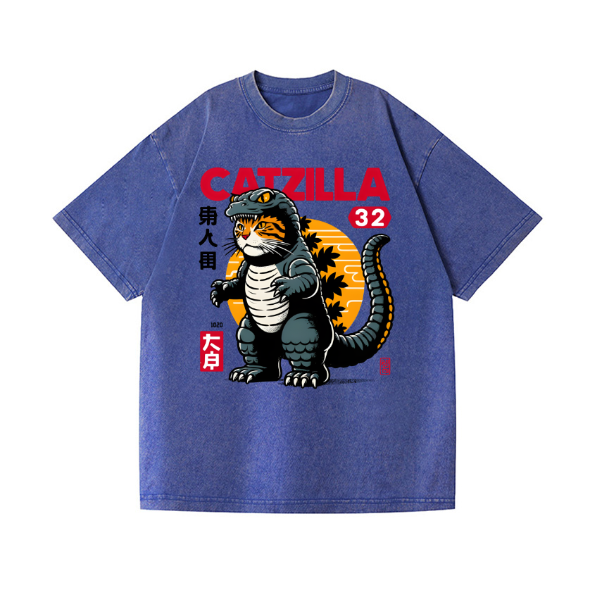 Cat Godzilla Vintage Wash Japanese Design T-Shirt