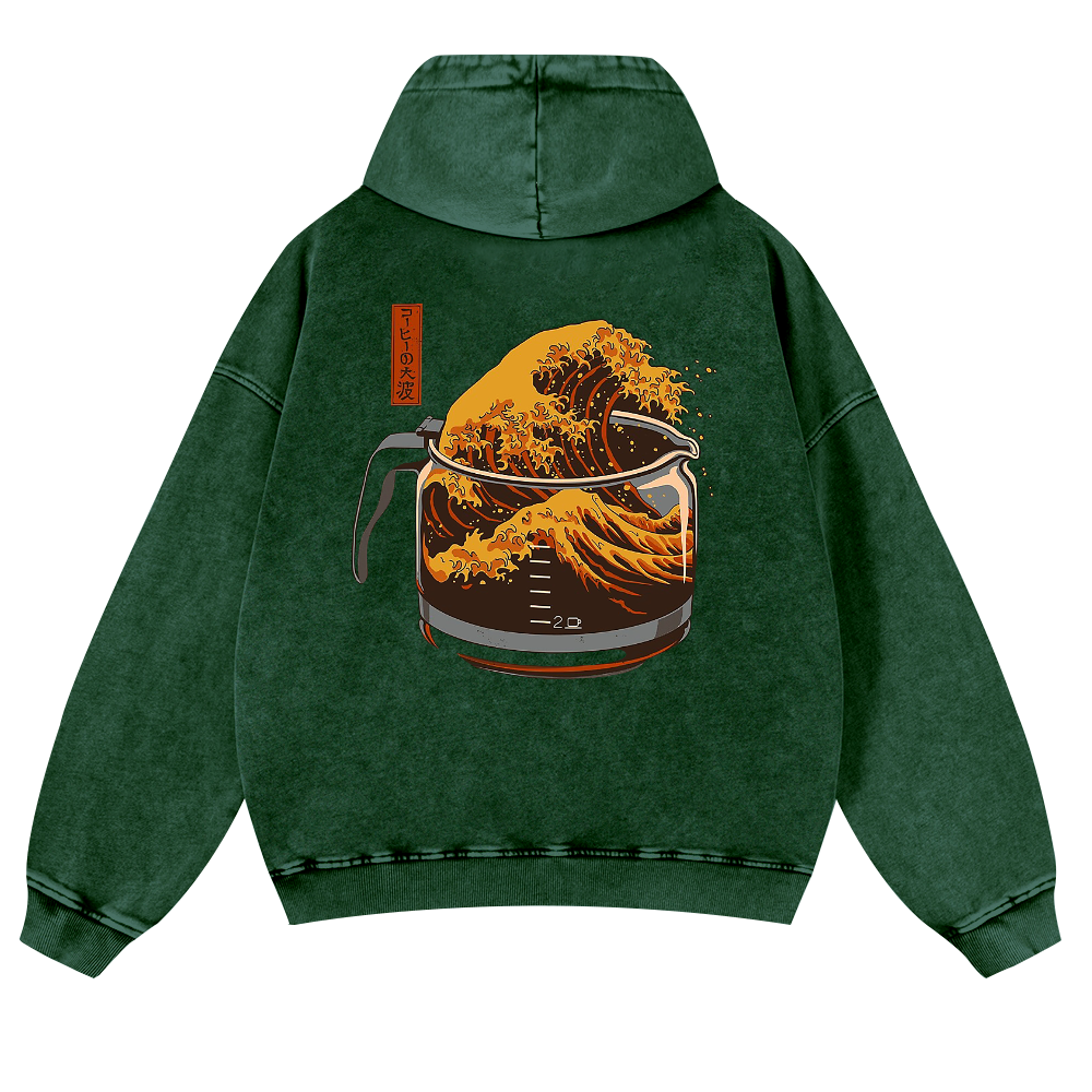 Coffee Wave Ukiyoe Vintage Washed Cotton Back Art Hoodie
