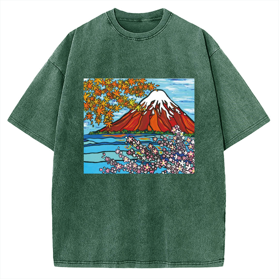 Mt Fuji Janapese Style Painting Vintage Washed T-shirt