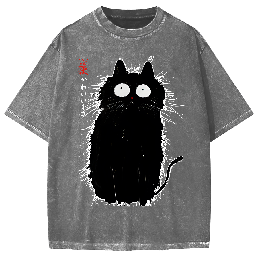 Black Cat With Puffed-Up Fur Vintage Washed T-shirt