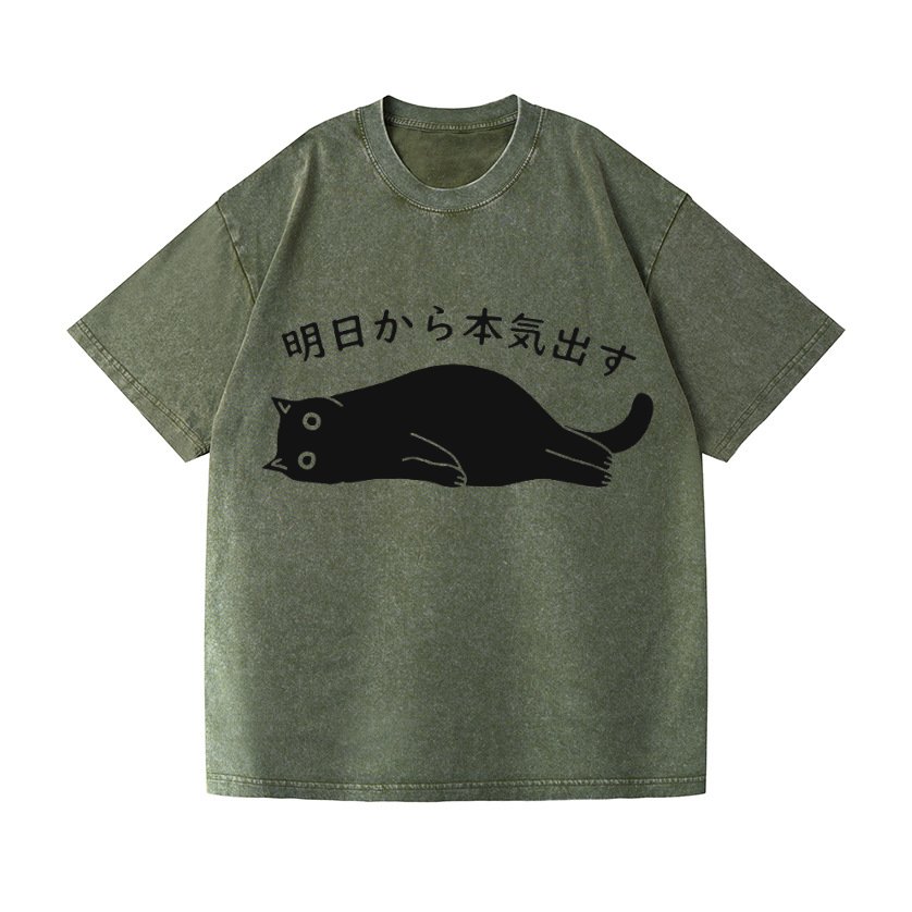 Black Cat Get Serious from Tomorrow Onwards Vintage Wash Japanese Design T-Shirt