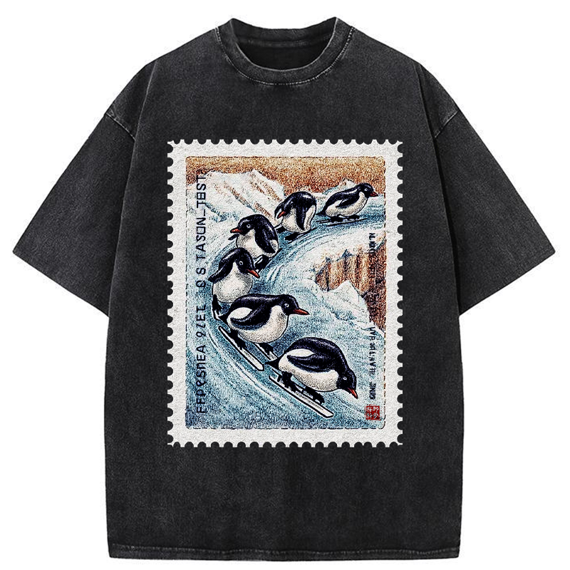 Unisex Gliding Penguin Stamp Washed T-Shirt