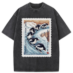 Unisex Gliding Penguin Stamp Washed T-Shirt