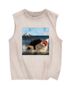 Cat Biting Shark Vintage Distressed Washed Tank Top