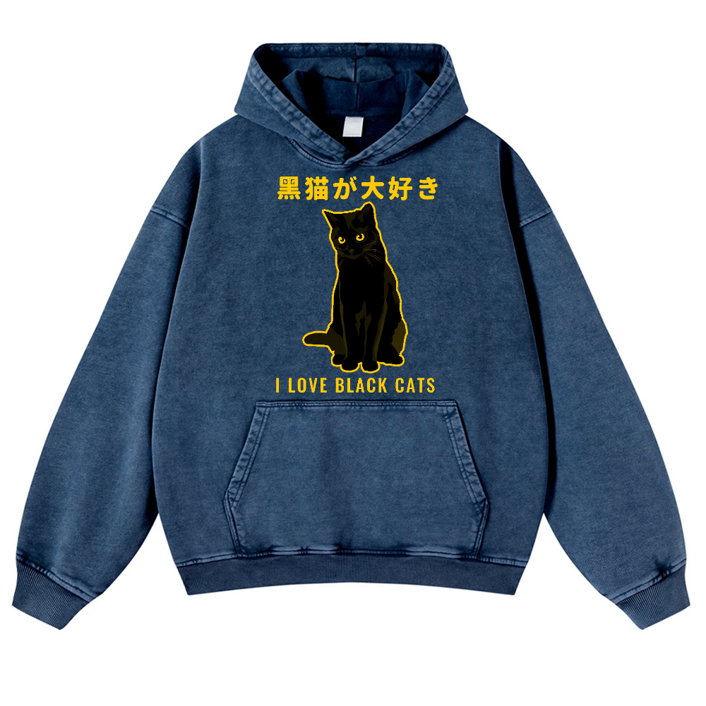 Black Cat Vintage Washed Thick Cotton Hoodie
